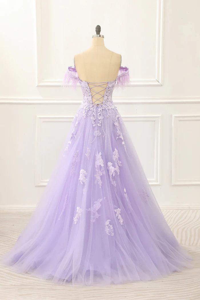 Robe Weitese A-Line à bretelles larges, robe longue violette avec appliques, robe de bal classique à lacets, robe de soirée